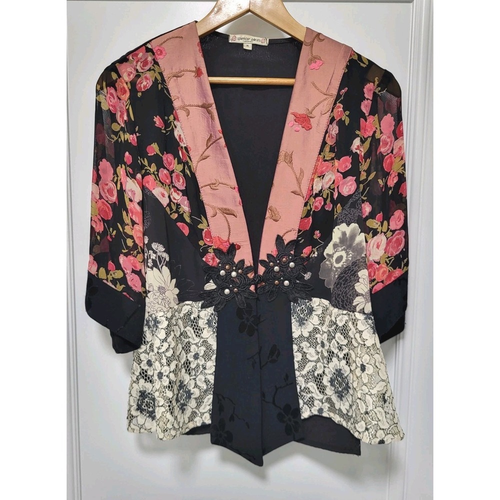 Vtg Spencer Alexis Floral Patchwork Boho Artsy Asian Kimono Cardigan Top M